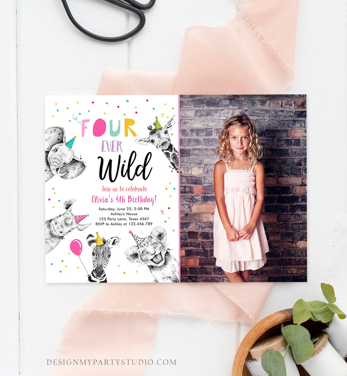 Editable Four Ever Wild Birthday Invitation Girl Pink Gold Safari Party Animals Fourth Birthday 4th Printable Template Digital Corjl 0390