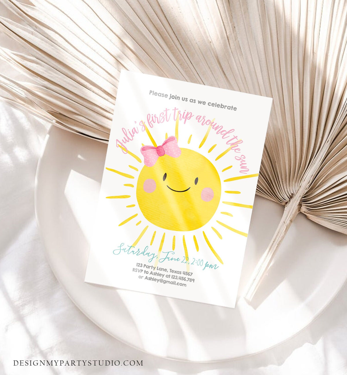 Editable First Tip Around the Sun Birthday Invitation Sunshine First Birthday 1st Party Pink Girl Bow Summer Download Corjl Template 0141