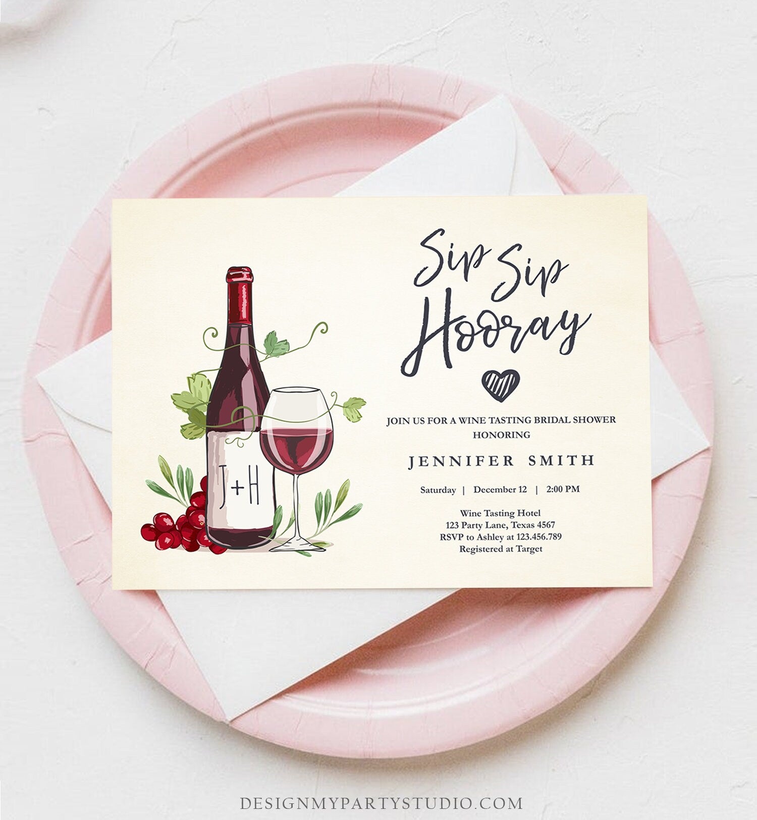 Editable Wine Bridal Shower Invitation Sip Sip Hooray Winery Cheers To Love Wine Tasting Couples Download Corjl Template Printable 0234