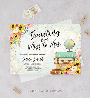 Editable Miss to Mrs Travel Bridal Shower Invitation Sunflowers Globe Suitcase Gold Confetti Traveling Blush Pink Floral Corjl Template 0030