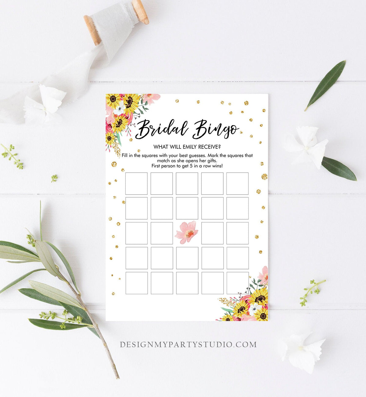 Editable Bingo Bridal Shower Game Wedding Shower Activity Floral Pink Gold Sunflowers Travel Flowers Corjl Template Printable 0030