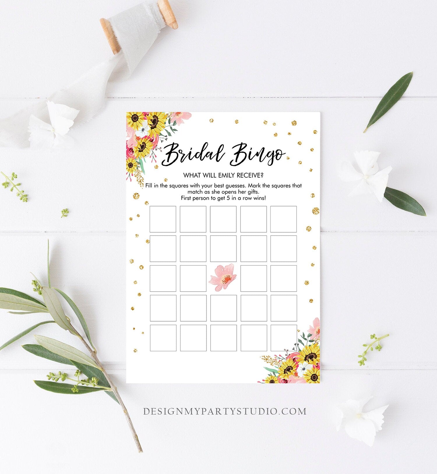 Editable Bingo Bridal Shower Game Wedding Shower Activity Floral Pink Gold Sunflowers Travel Flowers Corjl Template Printable 0030
