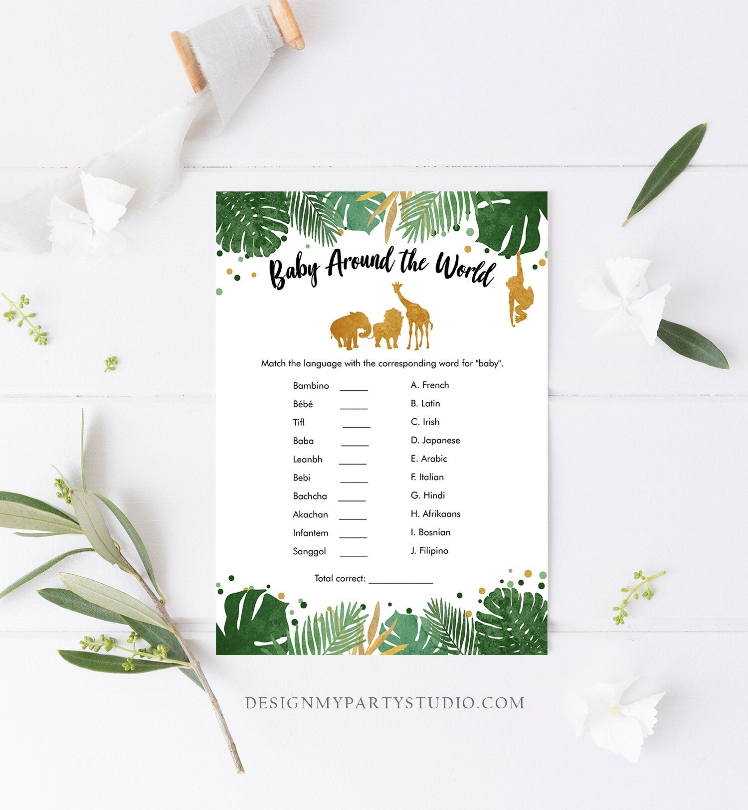 Editable Baby Around the World Game Travel Baby Shower Game Gold Safari Animals Wild One Tropical Shower Corjl Template Printable 0016