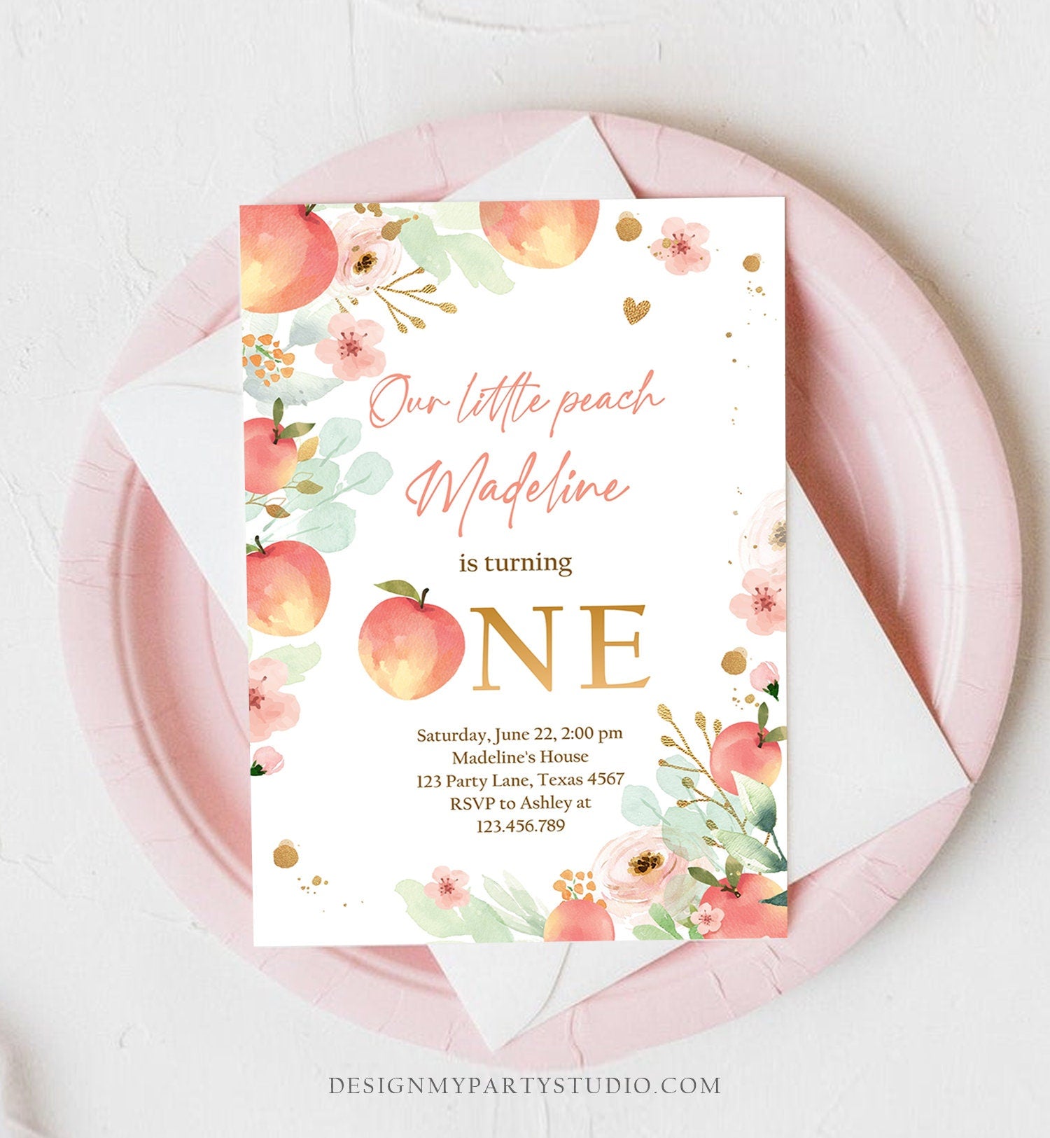 Editable Little Peach Birthday Invitation First Birthday Floral Gold Girl Peach 1st Peaches Download Printable Template Corjl Digital 0401