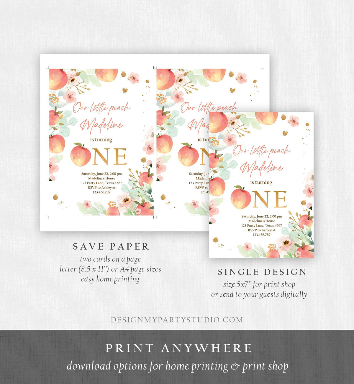Editable Little Peach Birthday Invitation First Birthday Floral Gold Girl Peach 1st Peaches Download Printable Template Corjl Digital 0401