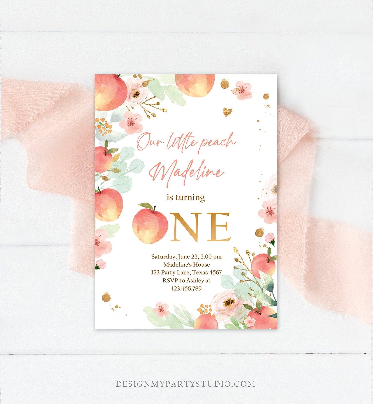 Editable Little Peach Birthday Invitation First Birthday Floral Gold Girl Peach 1st Peaches Download Printable Template Corjl Digital 0401