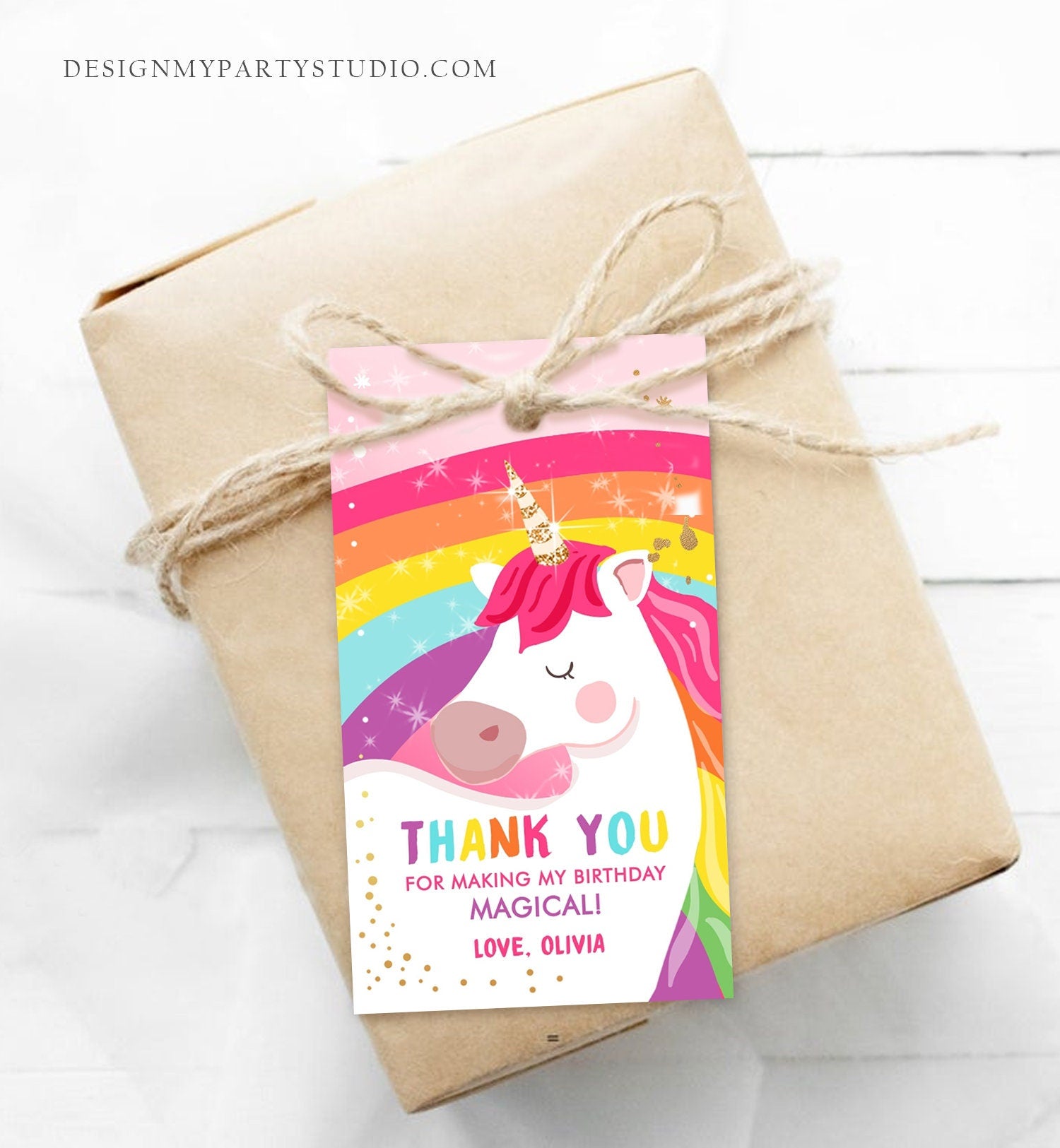 Editable Unicorn Favor Tags Unicorn Magical Birthday Thank you tags Label Rainbow Birthday Gift Tags Pink gold Template PRINTABLE Corjl 0323