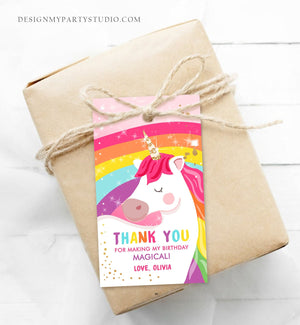 Editable Unicorn Favor Tags Unicorn Magical Birthday Thank you tags Label Rainbow Birthday Gift Tags Pink gold Template PRINTABLE Corjl 0323