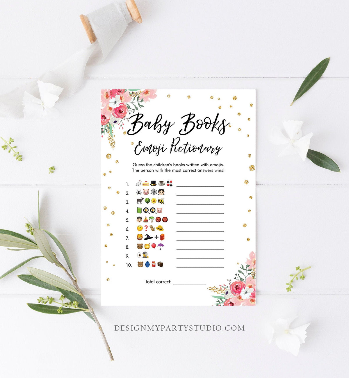 Editable Emoji Pictionary Baby Shower Game Card Travel Adventure Journey Emoticons Search Activity Pink Floral Download Template Corjl 0030