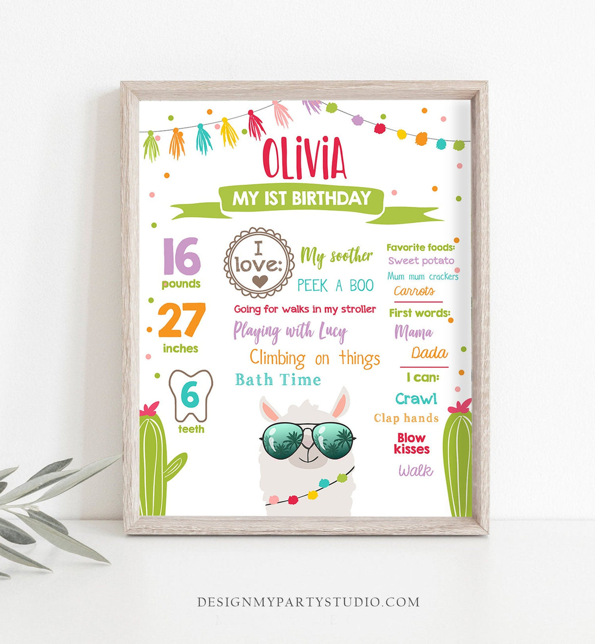 Editable Llama Birthday Milestones Sign Fiesta Mexican Alpaca Girl First Birthday 1st Chalk Instant Download Corjl Template Printable 0079
