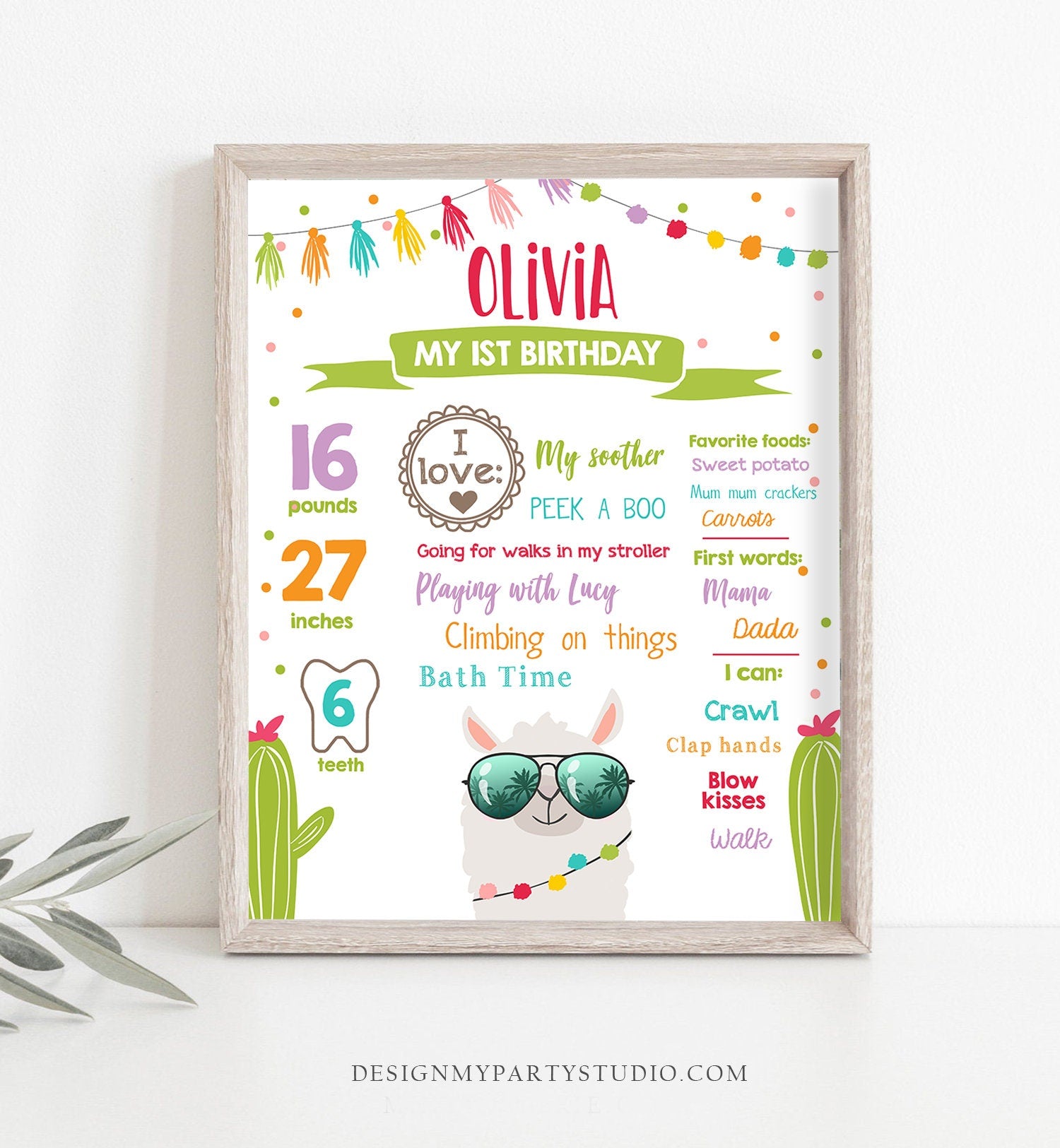 Editable Llama Birthday Milestones Sign Fiesta Mexican Alpaca Girl First Birthday 1st Chalk Instant Download Corjl Template Printable 0079