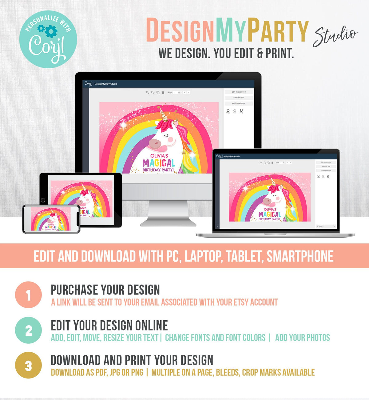 Editable Unicorn Backdrop Banner Pink Unicorn Birthday Girl Magical Unicorn Party Decorations Rainbow Download Corjl Template Printable 0323