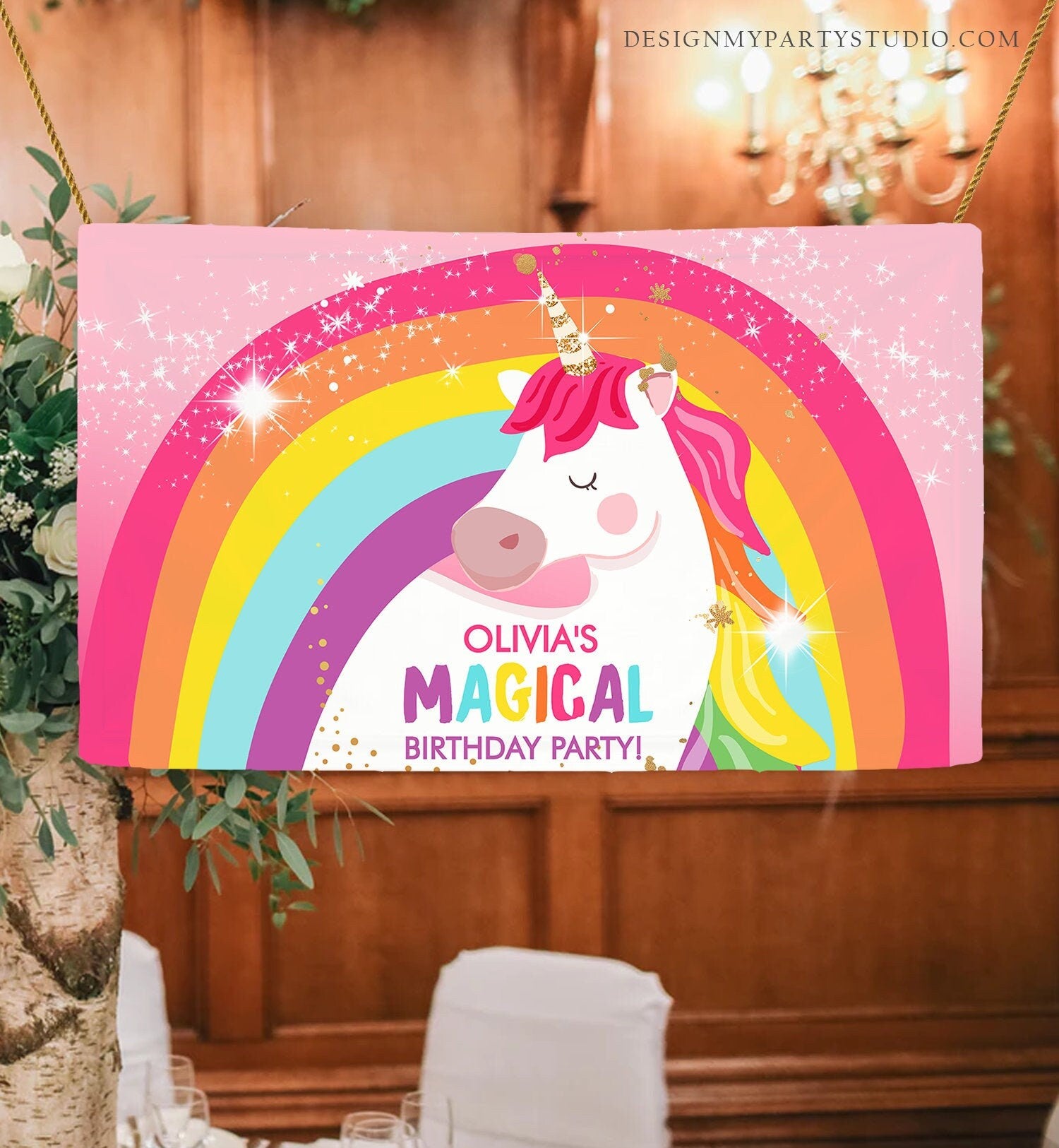 Editable Unicorn Backdrop Banner Pink Unicorn Birthday Girl Magical Unicorn Party Decorations Rainbow Download Corjl Template Printable 0323