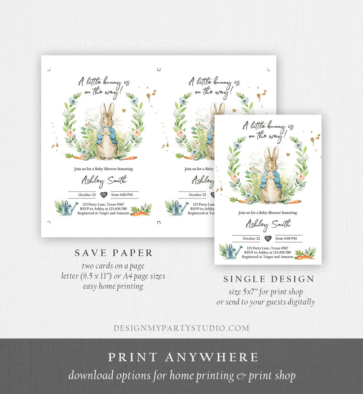 Editable Peter Rabbit Baby Shower Invitation Boy Blue Rustic Peter Rabbit Invitation Spring Sprinkle Digital Corjl Template Printable 0351