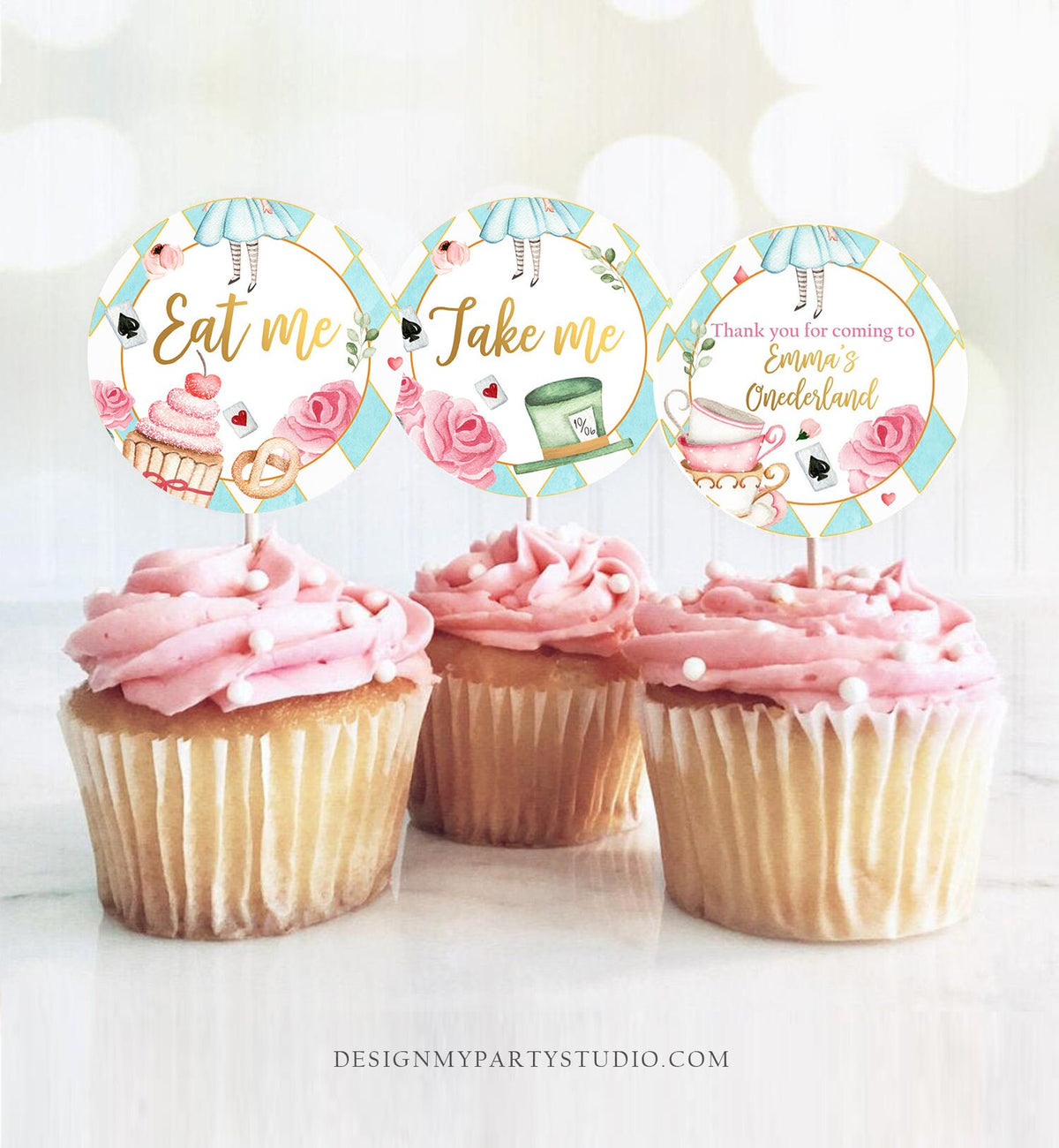 Editable Alice In Wonderland Cupcake Toppers Onederland Favor Tags Alice 1st Birthday Party Decor Tea Party Stickers Digital PRINTABLE 0350