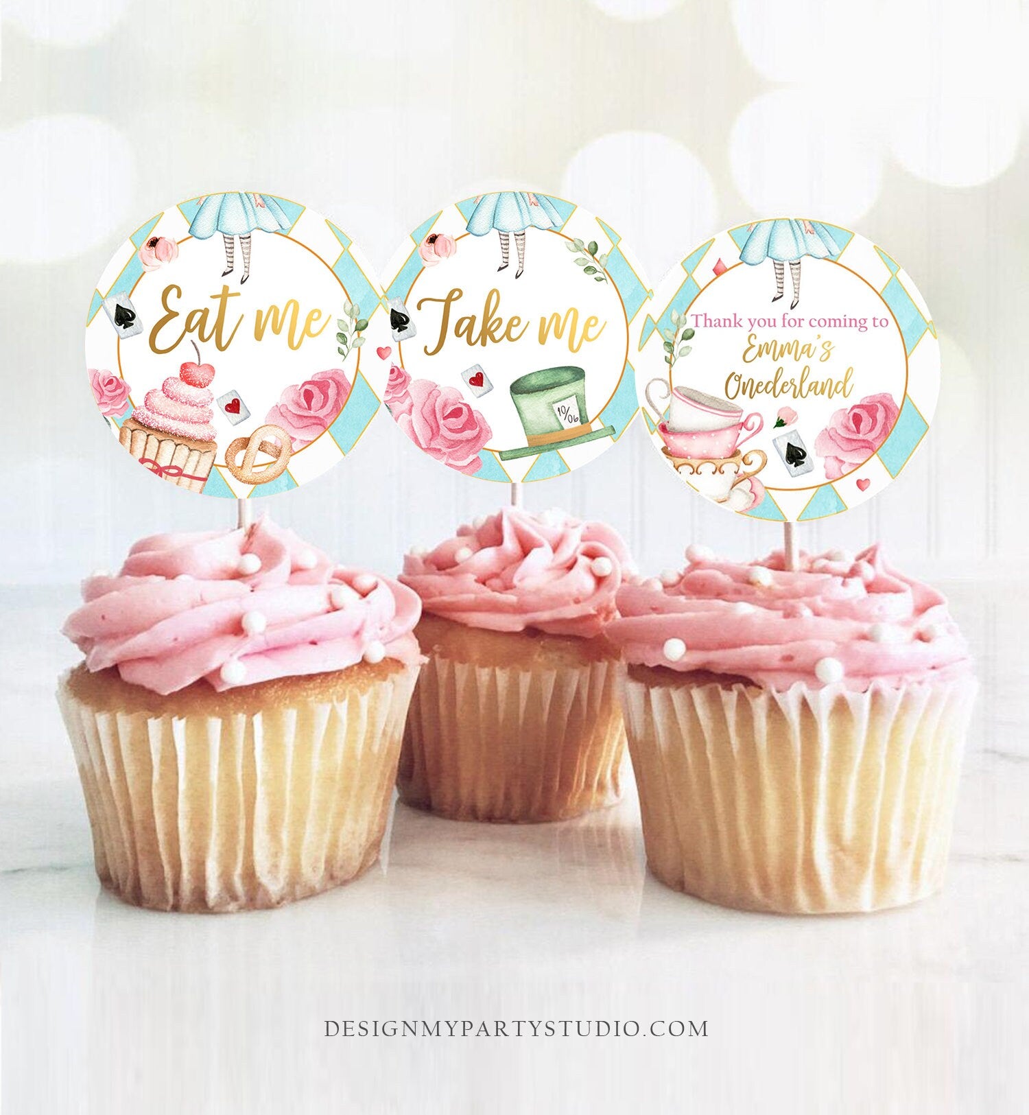 Editable Alice In Wonderland Cupcake Toppers Onederland Favor Tags Alice 1st Birthday Party Decor Tea Party Stickers Digital PRINTABLE 0350
