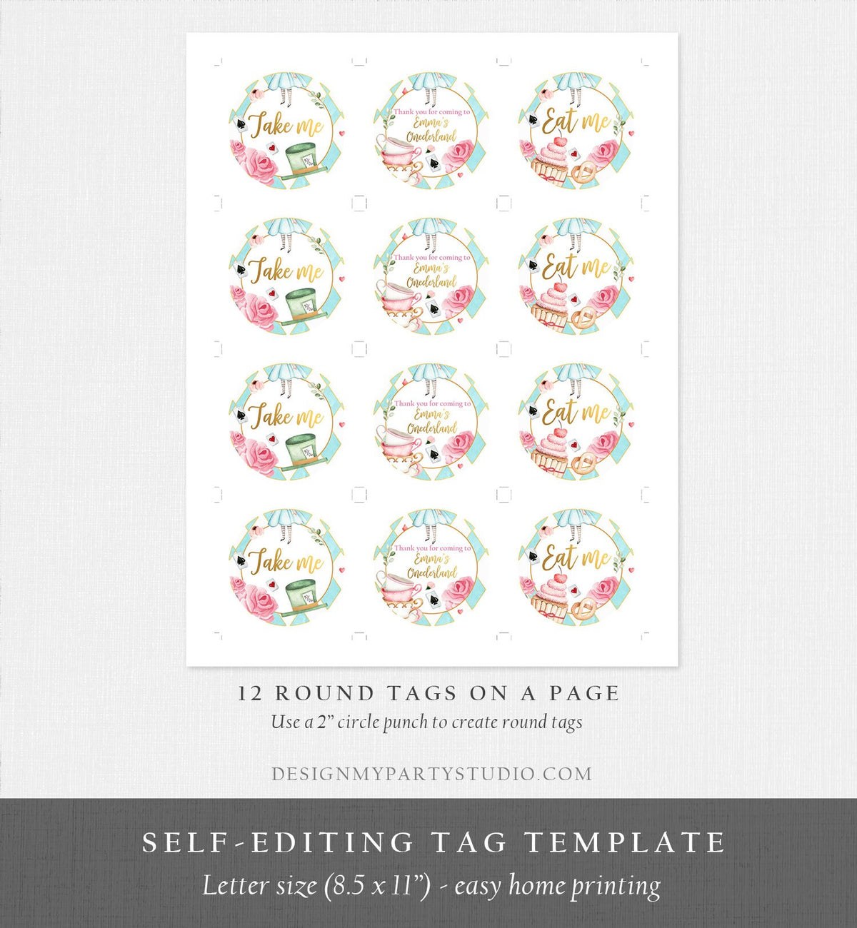 Editable Alice In Wonderland Cupcake Toppers Onederland Favor Tags Alice 1st Birthday Party Decor Tea Party Stickers Digital PRINTABLE 0350