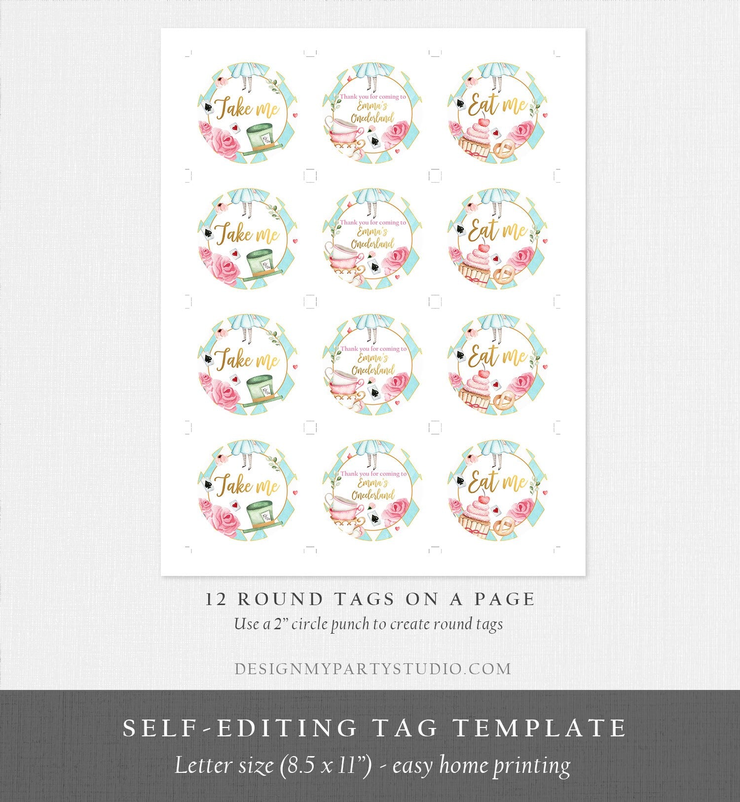 Editable Alice In Wonderland Cupcake Toppers Onederland Favor Tags Alice 1st Birthday Party Decor Tea Party Stickers Digital PRINTABLE 0350