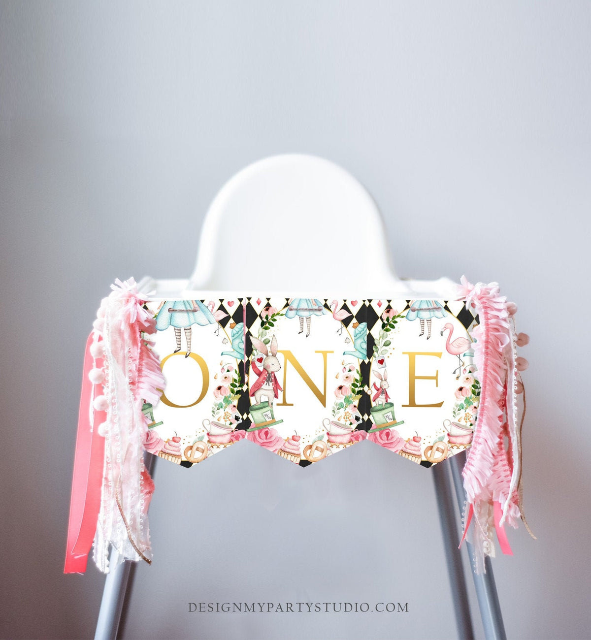 Alice in Onederland High Chair Banner Alice in Wonderland Girl 1st First Birthday Pink Black Alice Banner ONE Decor PRINTABLE Digital 0350