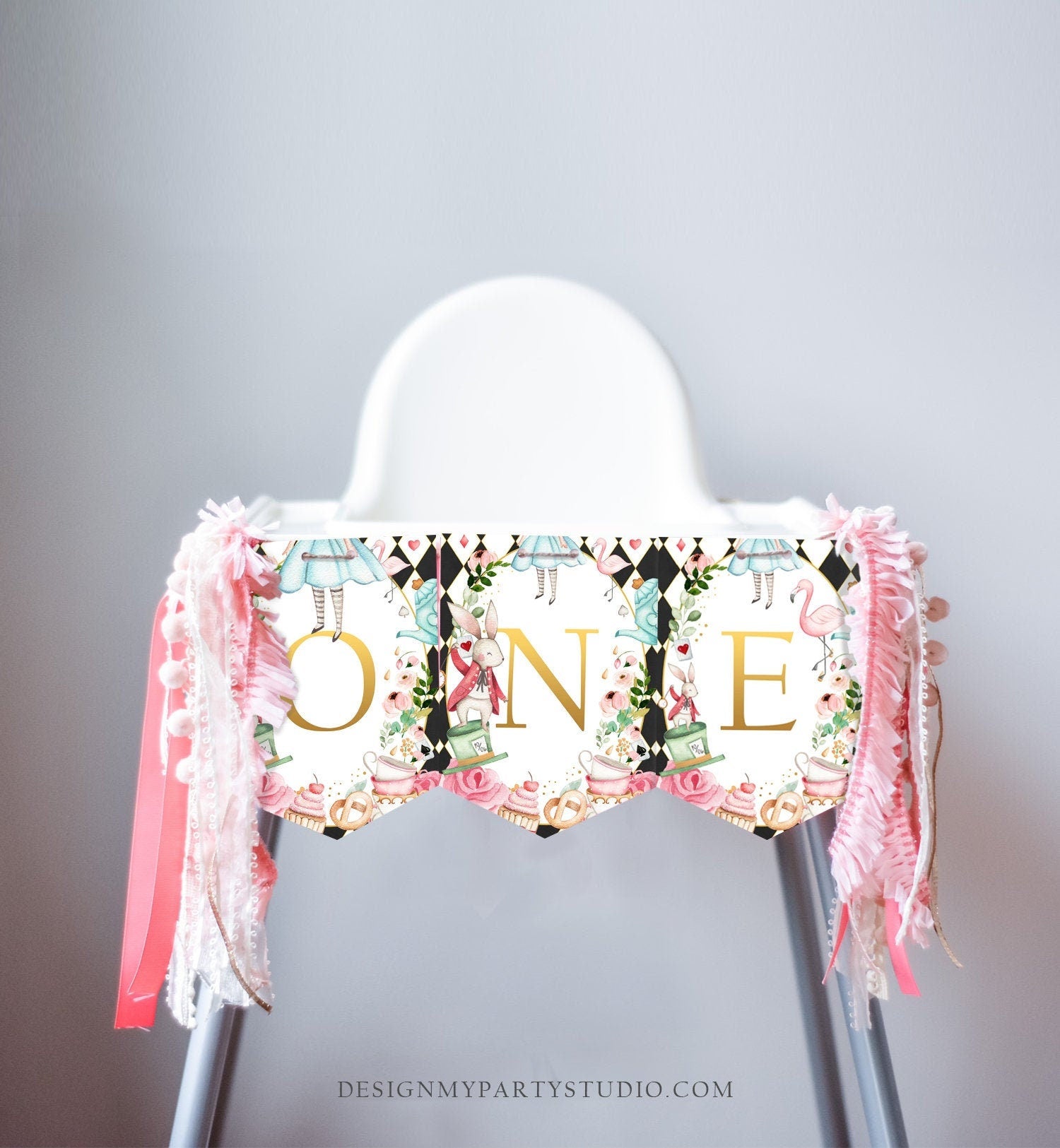 Alice in Onederland High Chair Banner Alice in Wonderland Girl 1st First Birthday Pink Black Alice Banner ONE Decor PRINTABLE Digital 0350