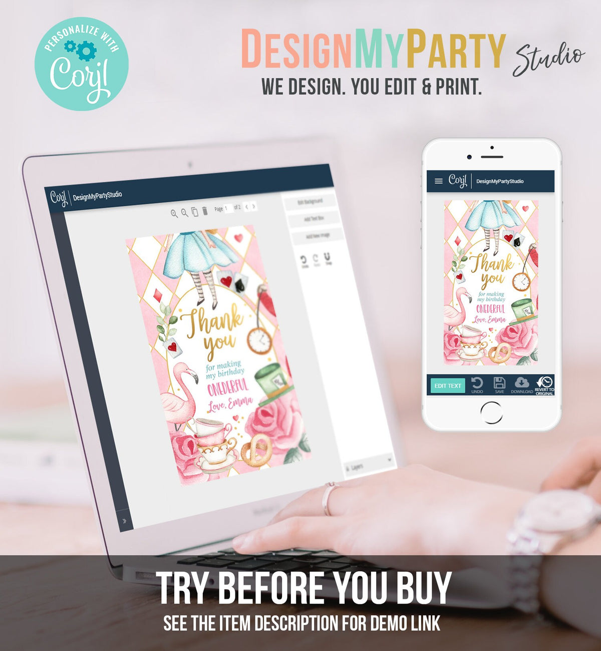 Editable Alice in Wonderland Favor Tags Alice in Onederland Thank You Tags Girl 1st Birthday Tea Party Gift Tag Digital Corjl Template 0350