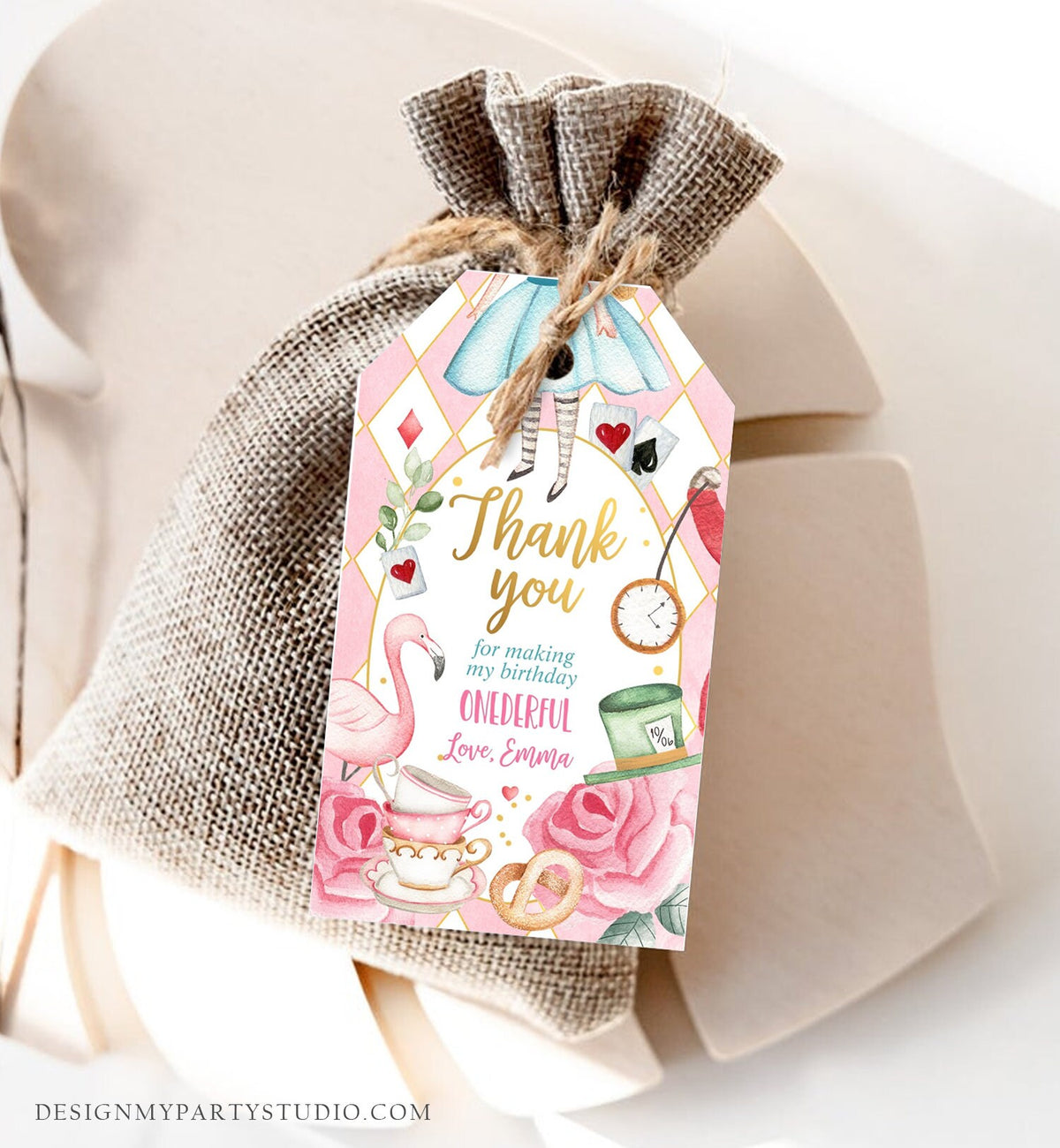 Editable Alice in Wonderland Favor Tags Alice in Onederland Thank You Tags Girl 1st Birthday Tea Party Gift Tag Digital Corjl Template 0350