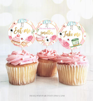 Alice In Wonderland Cupcake Toppers Onederland Favor Tags Alice 1st Birthday Party Decor Mad Tea Party Stickers Pink Digital PRINTABLE 0350