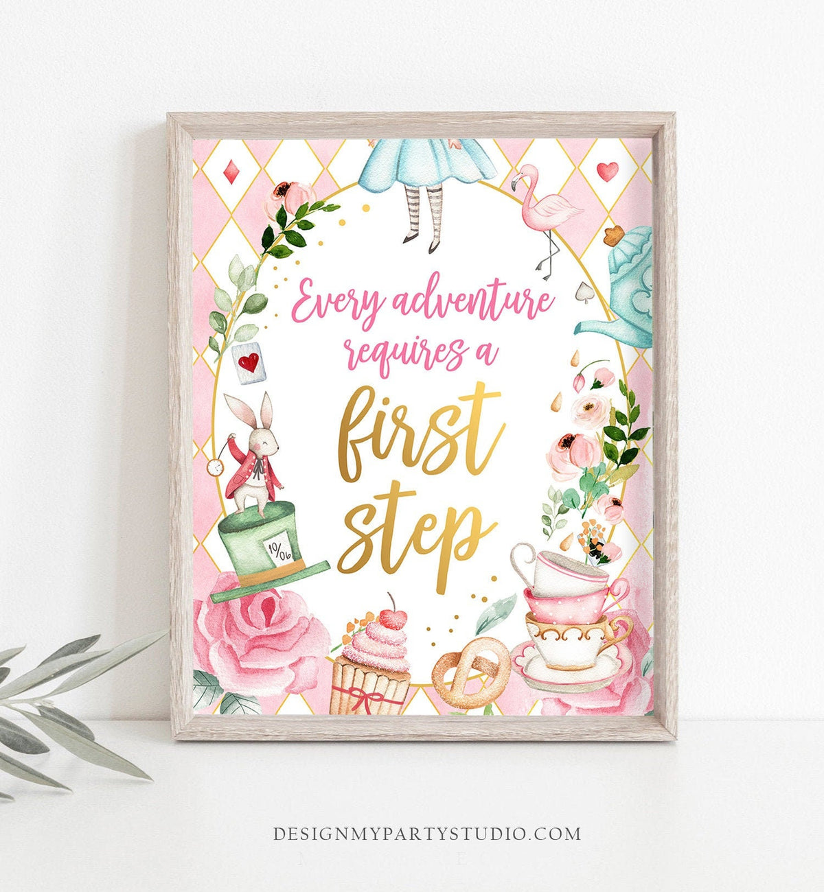 Alice in Wonderland Party Sign First Step Sign Decor Onederland Birthday Sign Mad Tea Party Favor Alice Theme Decor Girl Pink PRINTABLE 0350