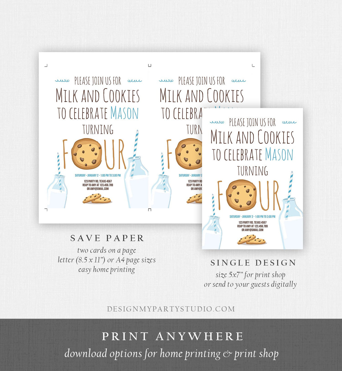 Editable Milk and Cookies Birthday Invitation Milk &amp; Cookies Party Boy 1st 2nd 3rd 4th Birthday Blue Printable Download Template Corjl 0088