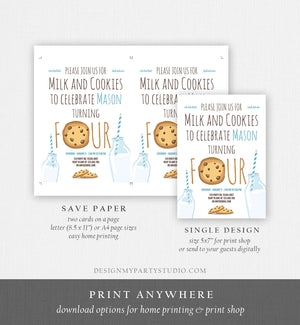 Editable Milk and Cookies Birthday Invitation Milk & Cookies Party Boy 1st 2nd 3rd 4th Birthday Blue Printable Download Template Corjl 0088