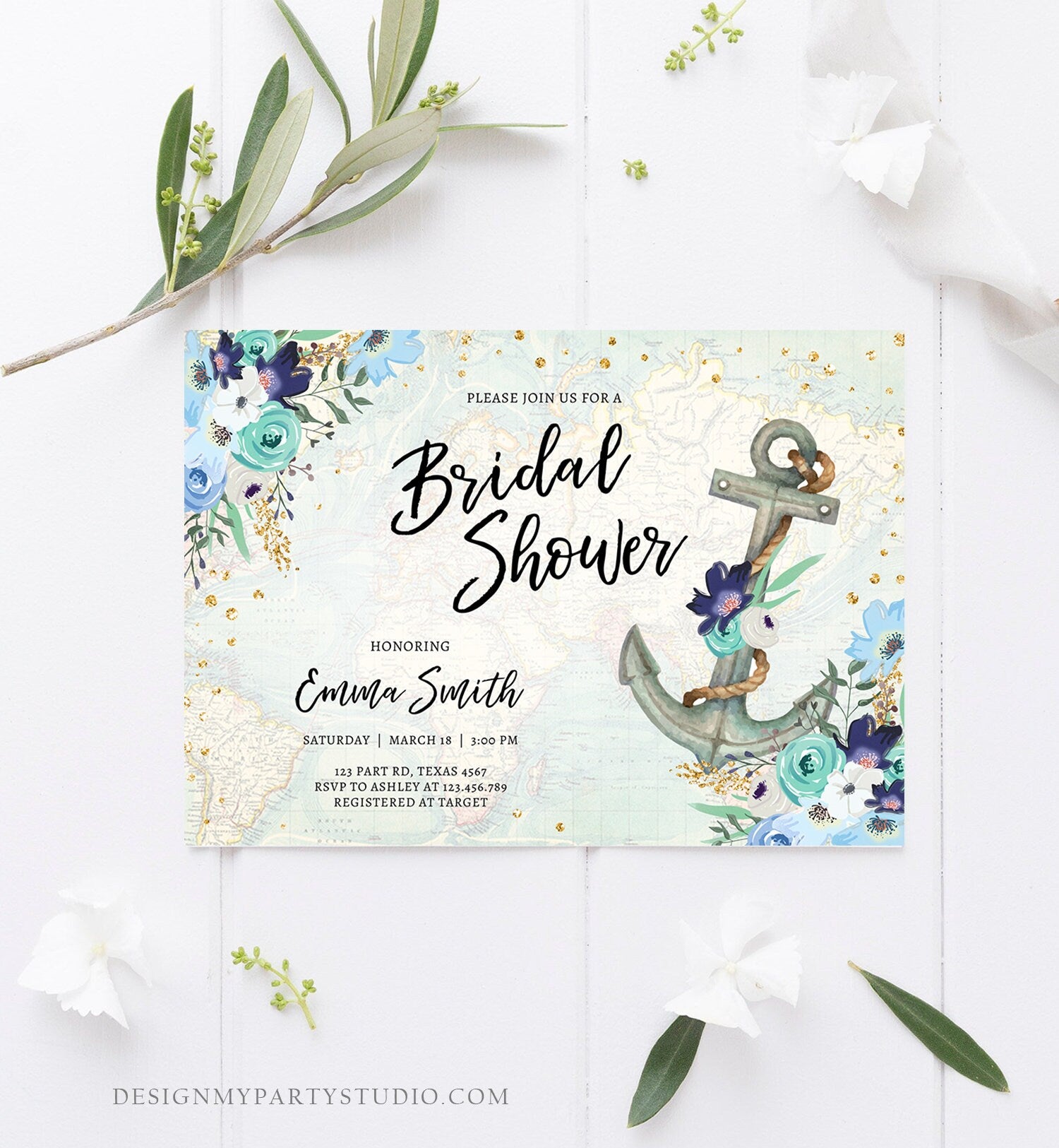 Editable Nautical Bridal Shower Invitation Flowers Floral Anchor Navy Pink Blue Gold Wedding Shower Download Printable Corjl Template 0397