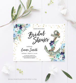 Editable Nautical Bridal Shower Invitation Flowers Floral Anchor Navy Pink Blue Gold Wedding Shower Download Printable Corjl Template 0397