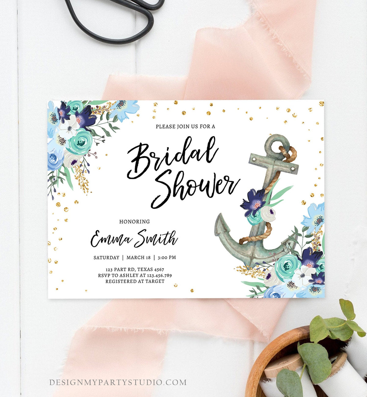 Editable Nautical Bridal Shower Invitation Flowers Floral Anchor Navy Pink Blue Gold Wedding Shower Download Printable Corjl Template 0397