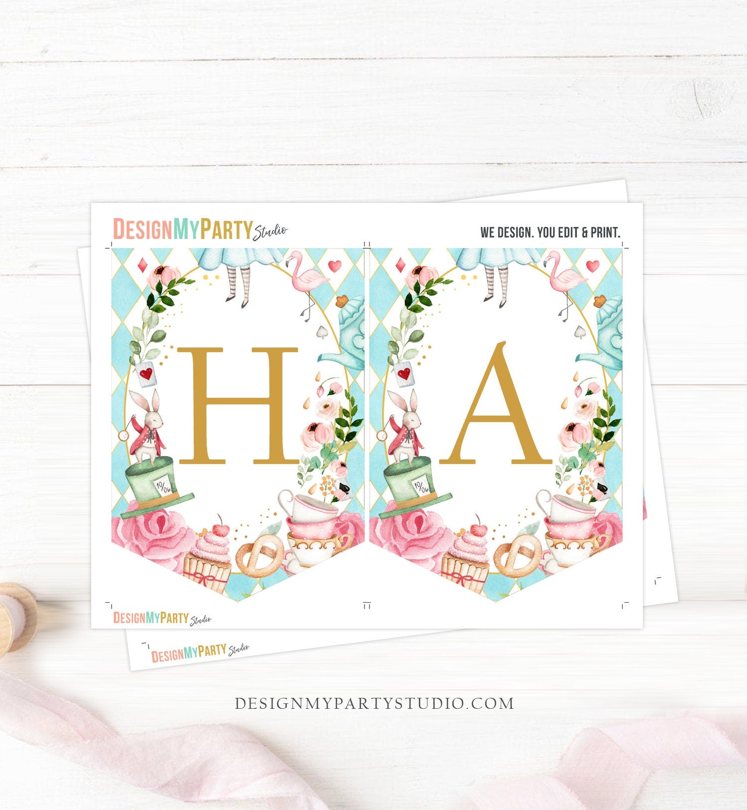Alice in Onederland Happy Birthday Banner Alice in Wonderland Bunting Girl Pink Mad Hatter Tea Party Decor Garland PRINTABLE Digital 0350