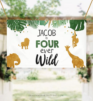 Editable Safari Animals Birthday Backdrop Banner Boy Four Ever Wild 4th Birthday Welcome Sign Green Download Corjl Template Printable 0016