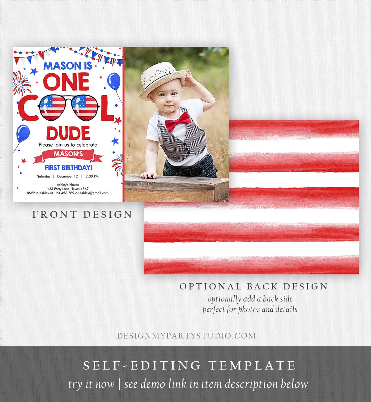 Editable Memorial Day Birthday Invitation 4th of July Little Firecracker Red White Blue One Cool Dude Sunglasses Template Corjl Digital 0122