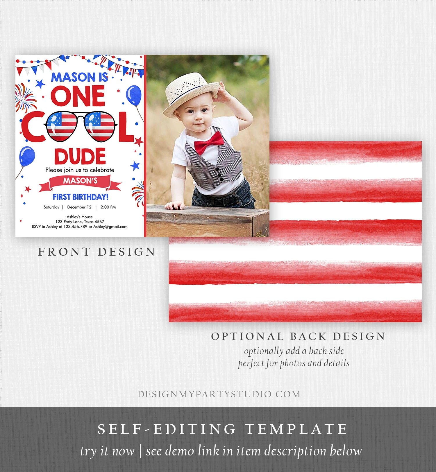 Editable Memorial Day Birthday Invitation 4th of July Little Firecracker Red White Blue One Cool Dude Sunglasses Template Corjl Digital 0122