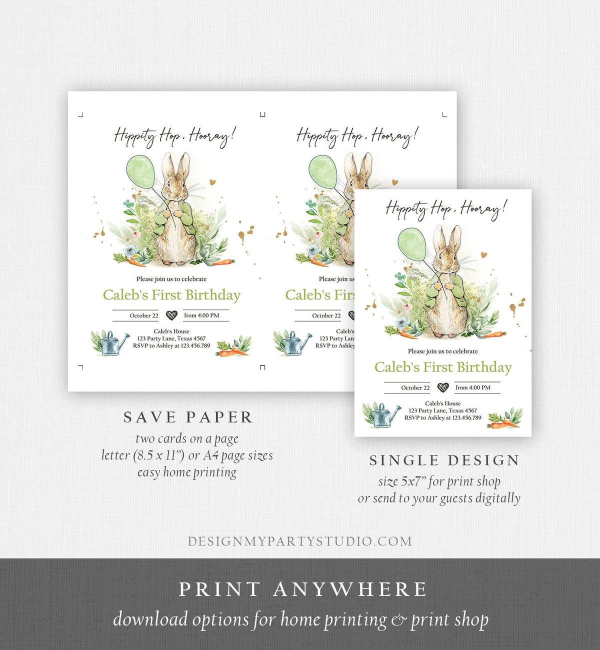 Editable Peter Rabbit Birthday Invitation Gender Neutral Peter Rabbit Birthday Invite Watercolor Digital Corjl Template Printable 0351