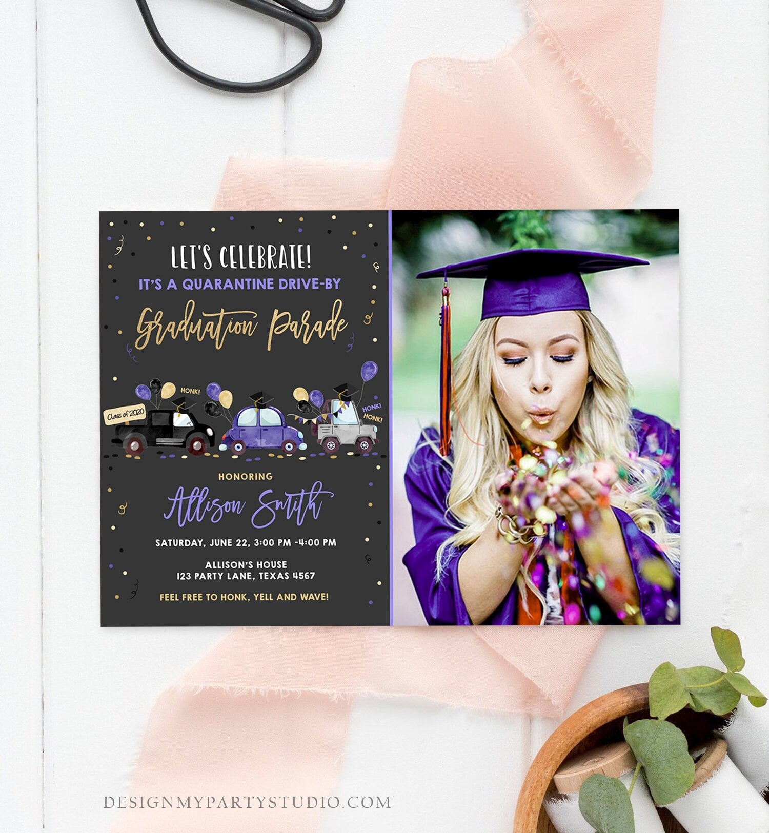 Editable Drive By Graduation Parade Invitation Virtual Party Blue Girl Graduate High School Grad Class 2021 Quarantine Digital Corjl 0337
