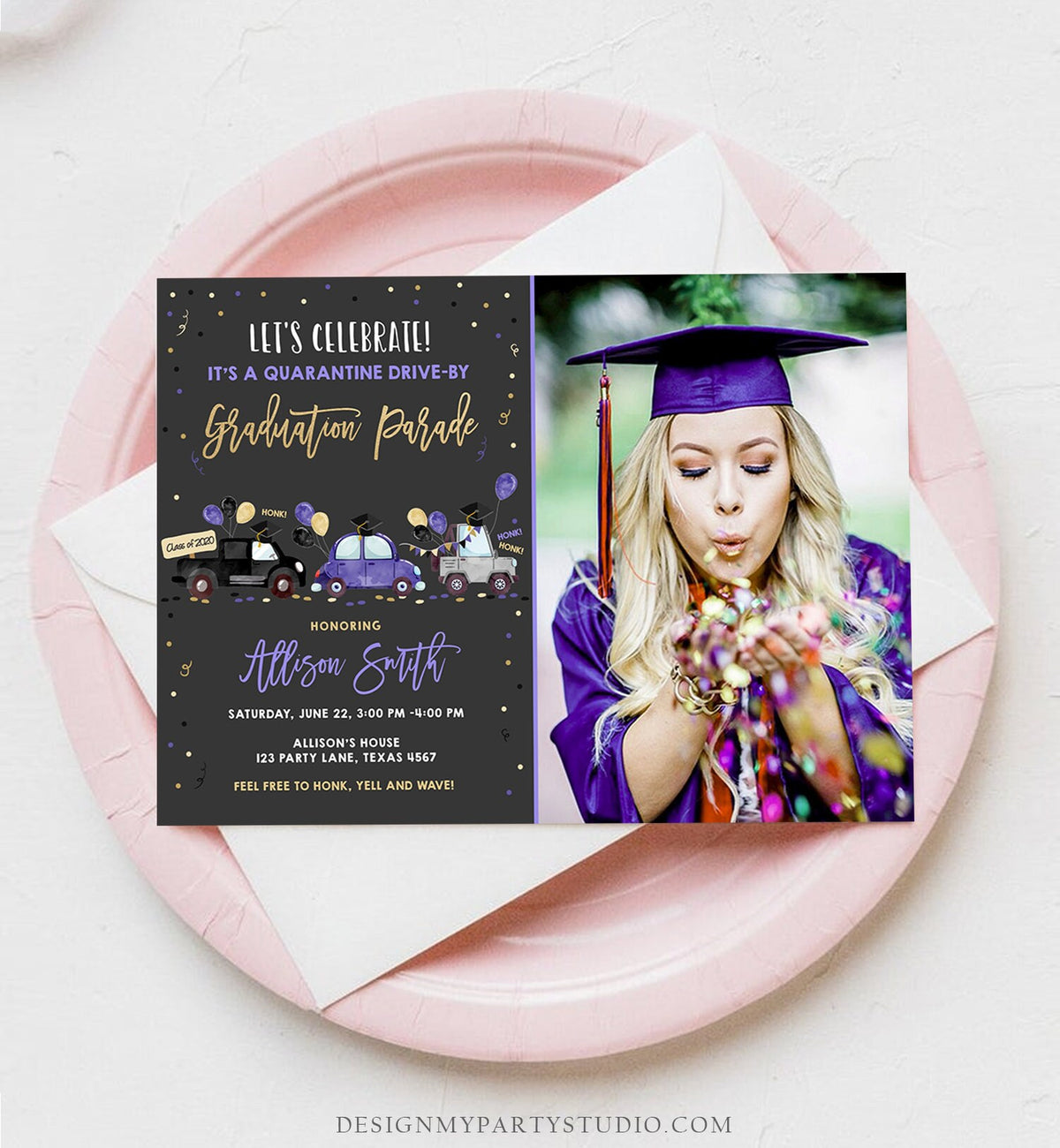 Editable Drive By Graduation Parade Invitation Virtual Party Blue Girl Graduate High School Grad Class 2021 Quarantine Digital Corjl 0337