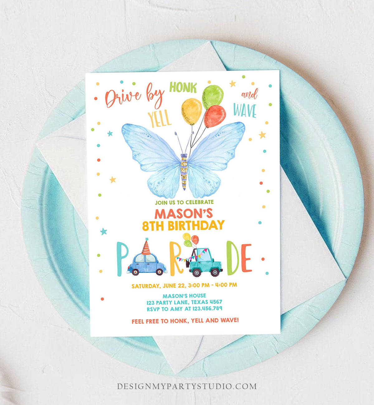 Editable Butterfly Drive By Birthday Parade Invitation Virtual Party Invite Honk Wave Car Boy Blue Quarantine Download Digital Corjl 0162