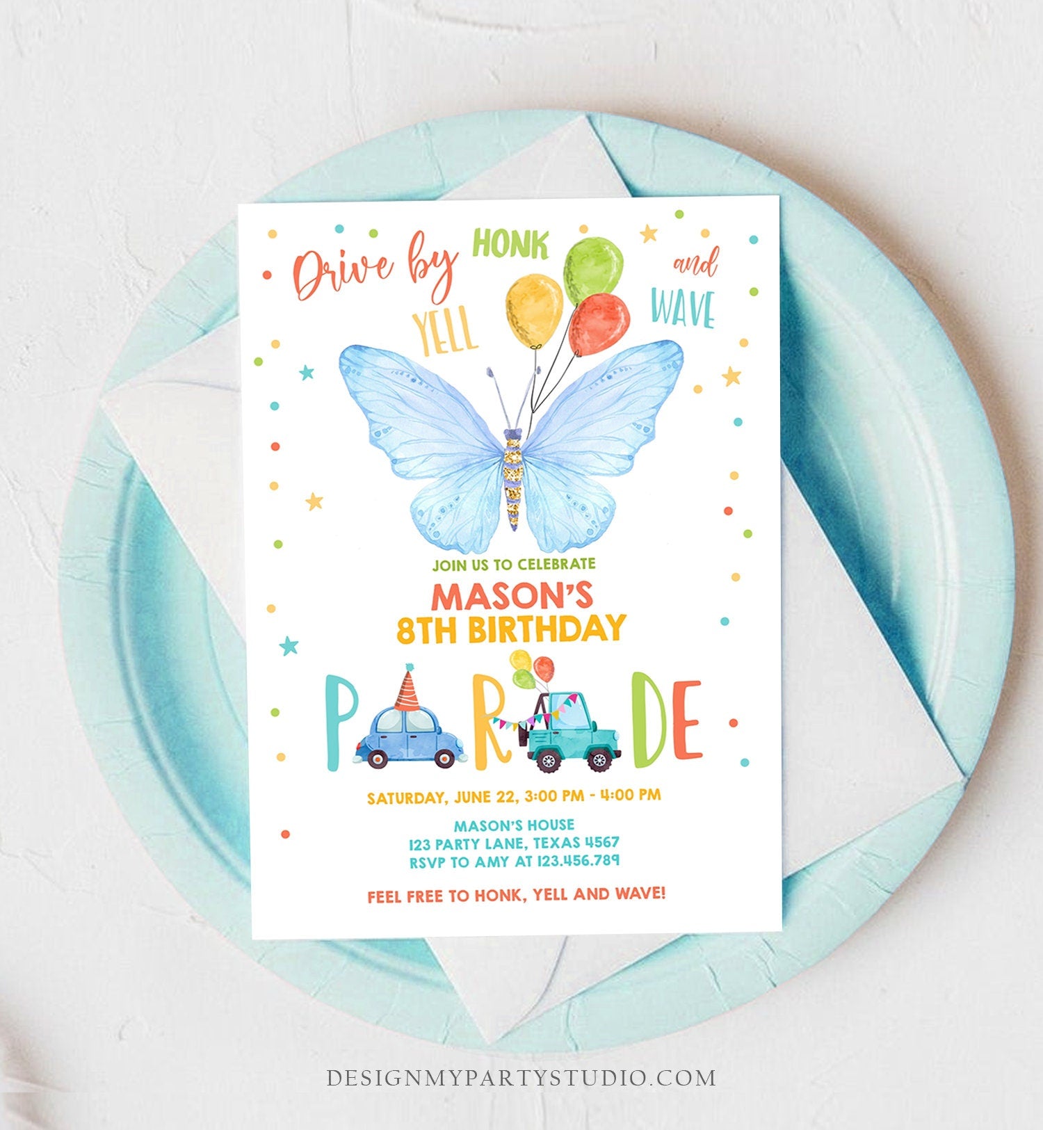 Editable Butterfly Drive By Birthday Parade Invitation Virtual Party Invite Honk Wave Car Boy Blue Quarantine Download Digital Corjl 0162