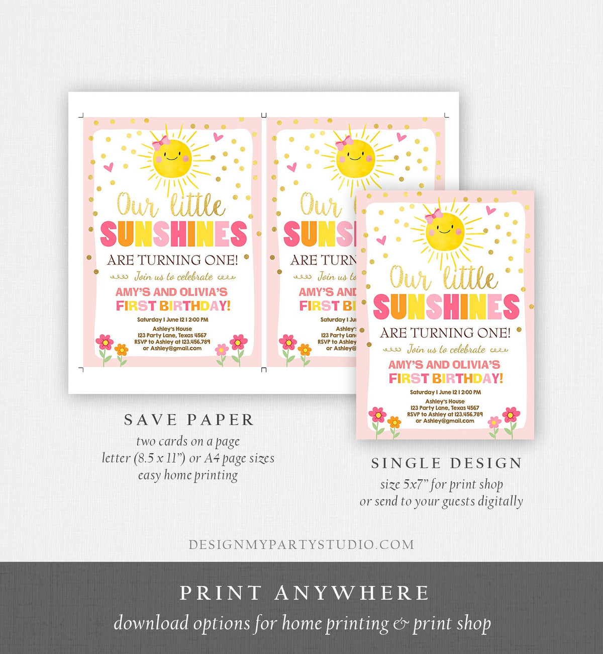 Editable Birthday Invitation Twins Little Sunshines Girls Siblings Pink Gold Girl Summer Download Printable Invitation Template Corjl 0070