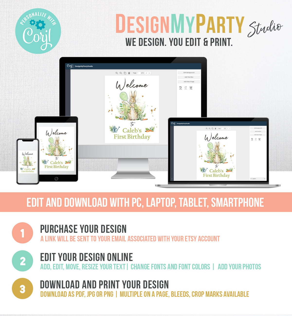 Editable Peter Rabbit Welcome Sign Birthday Baby Shower Welcome 1st Birthday Rabbit Bunny Gender Neutral Template Corjl PRINTABLE 0351