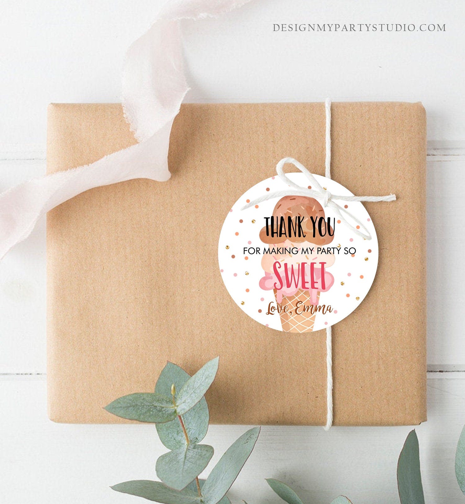 Editable Ice Cream Thank you Tags Round Ice Cream Stickers Ice Cream Birthday Girl Pink Boho Ice Cream Social Favor Tags Template Corjl 0243