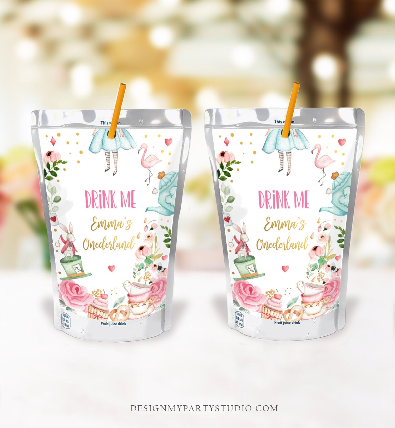 Editable Alice in Onederland Capri Sun Labels Juice Pouch Labels Alice in Wonderland Girl Birthday Download Corjl Template Printable 0350