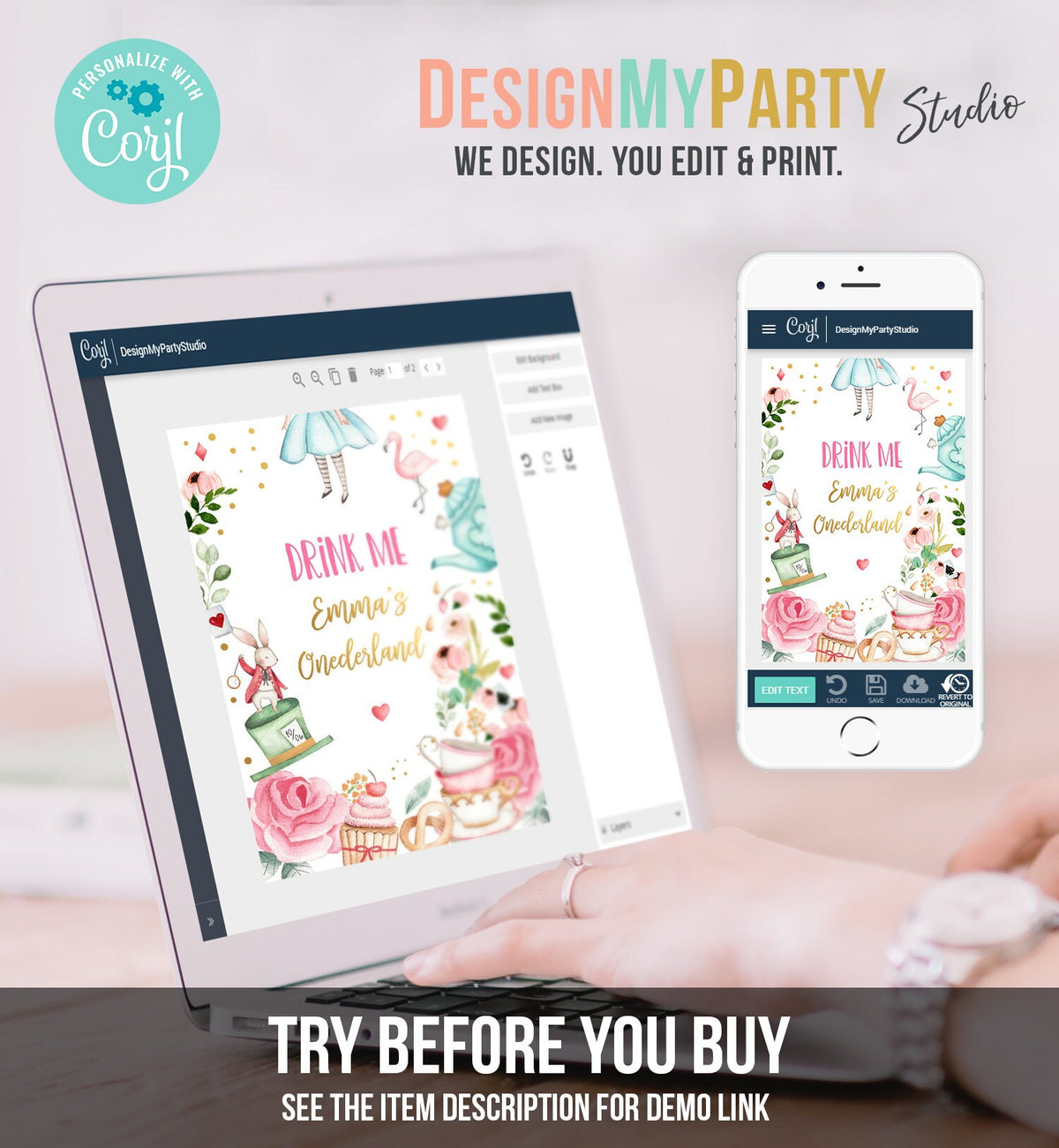 Editable Alice in Onederland Capri Sun Labels Juice Pouch Labels Alice in Wonderland Girl Birthday Download Corjl Template Printable 0350