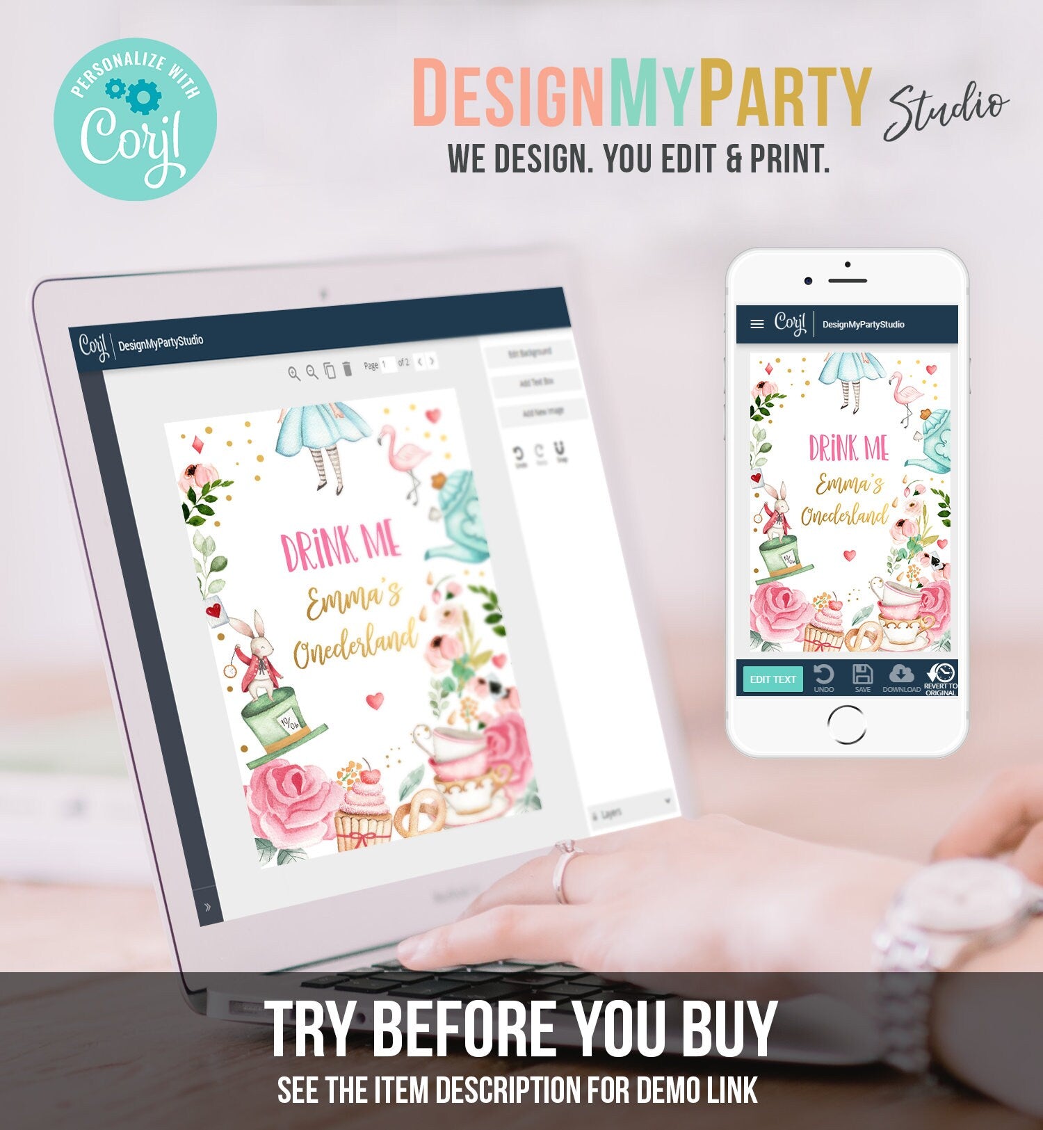 Editable Alice in Onederland Capri Sun Labels Juice Pouch Labels Alice in Wonderland Girl Birthday Download Corjl Template Printable 0350