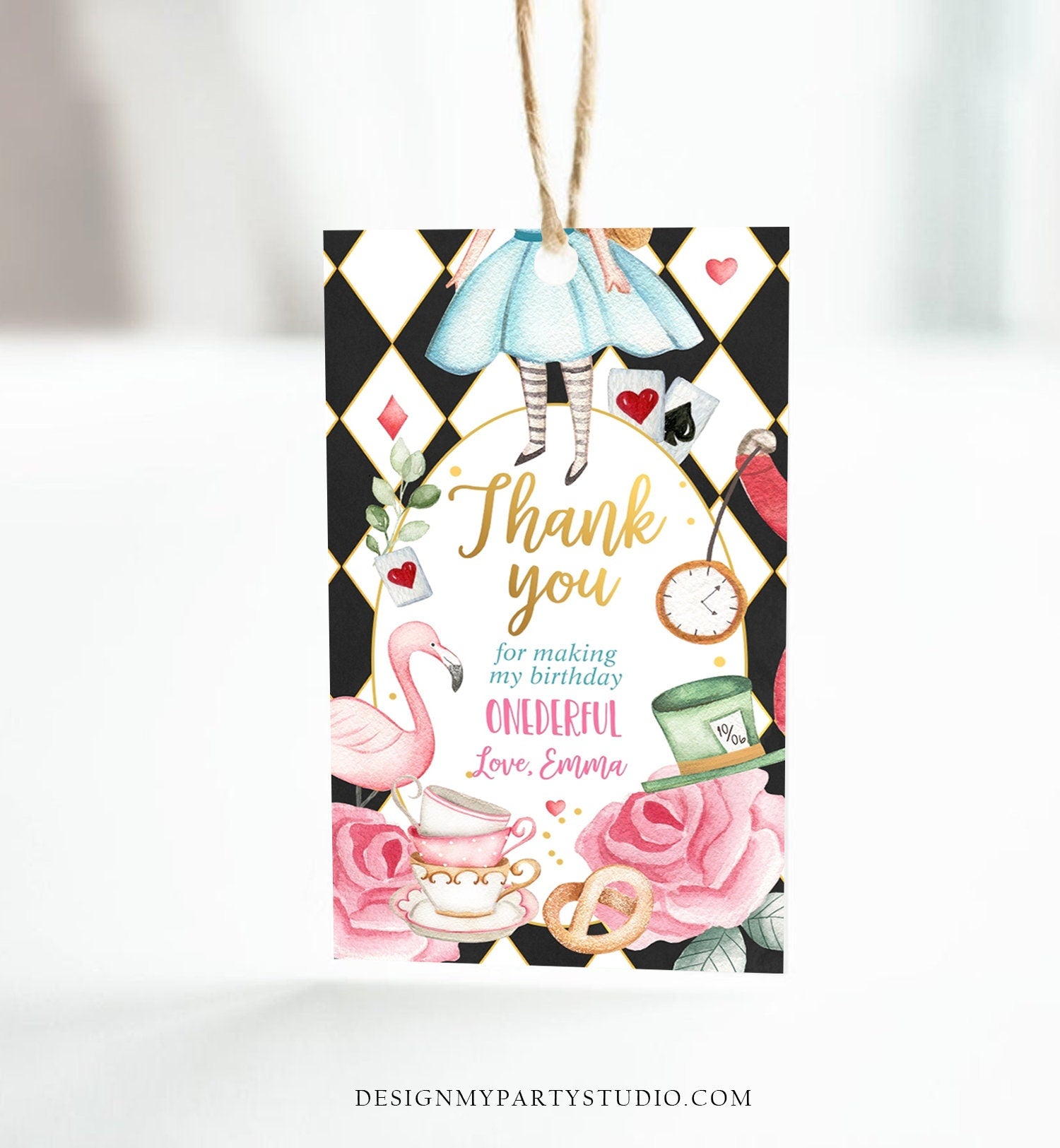 Editable Alice in Wonderland Favor Tags Alice in Onederland Thank You Tags Girl 1st Birthday Tea Party Gift Tag Digital Corjl Template 0350