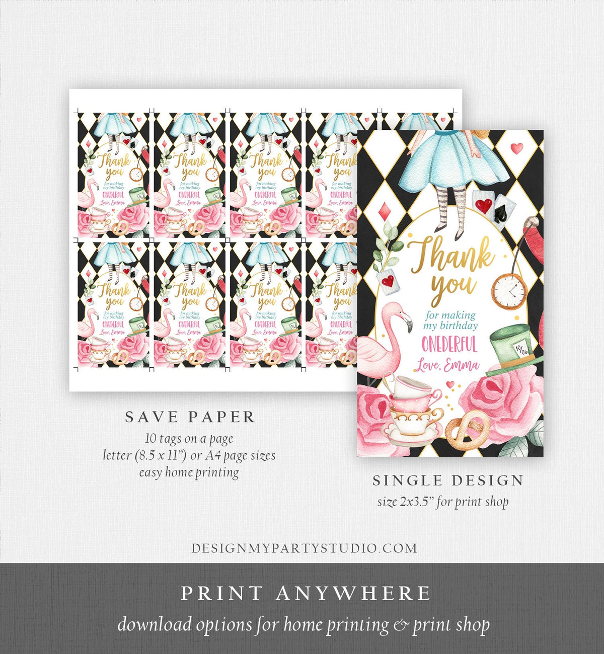 Editable Alice in Wonderland Favor Tags Alice in Onederland Thank You Tags Girl 1st Birthday Tea Party Gift Tag Digital Corjl Template 0350